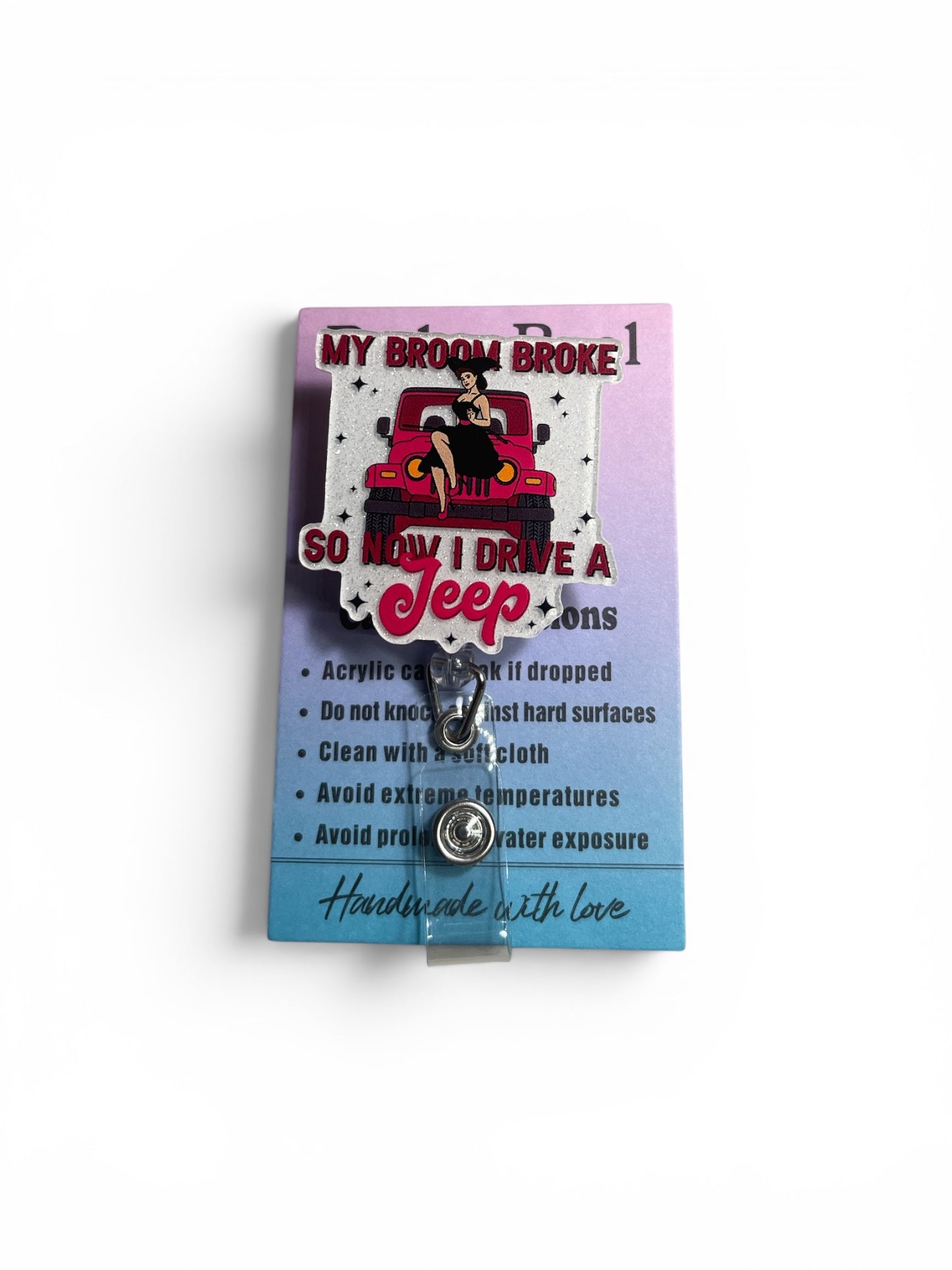 Pink Witch Broom Jeep Badge Reel