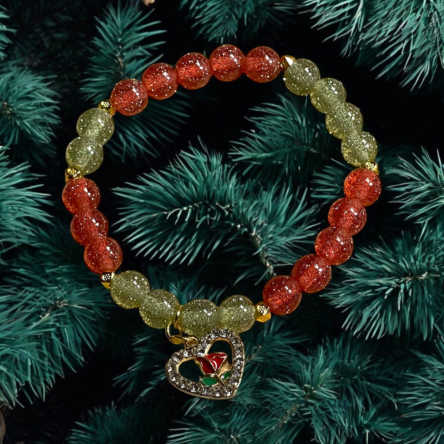 Christmas Bracelet with Rose Heart Dangle