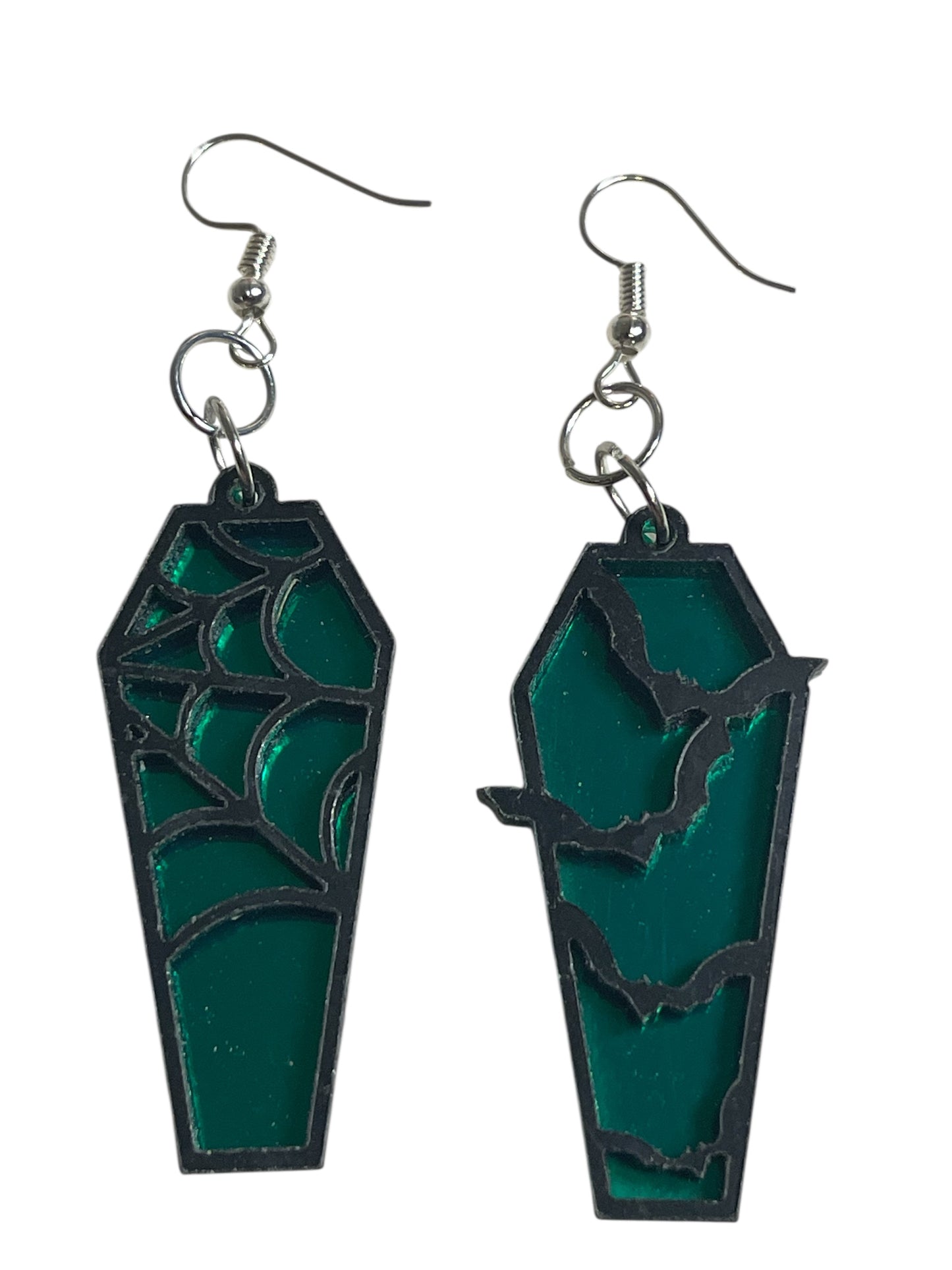 Green Coffin Earrings with Spider Web and Bat Design