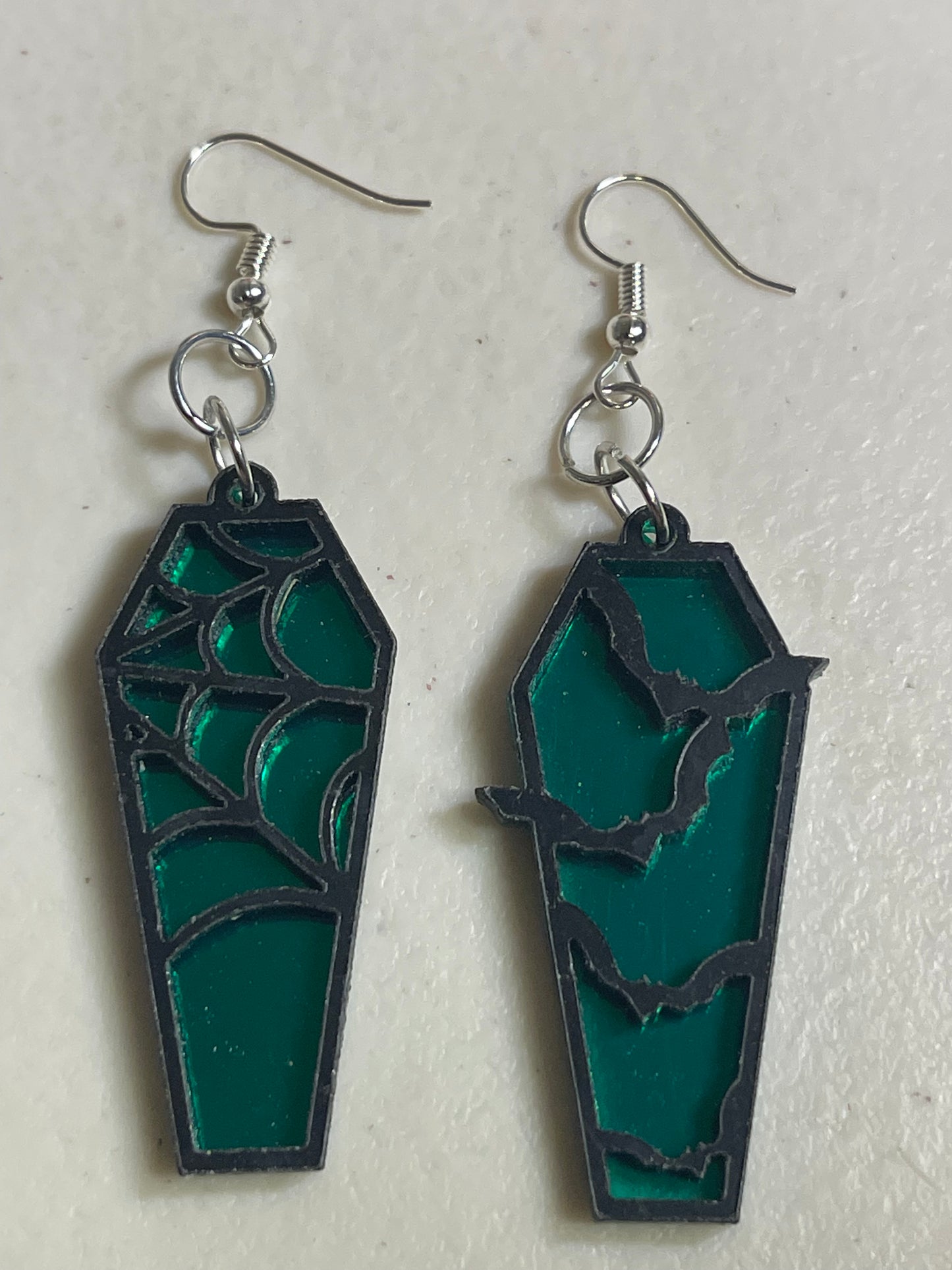 Green Coffin Earrings with Spider Web and Bat Design