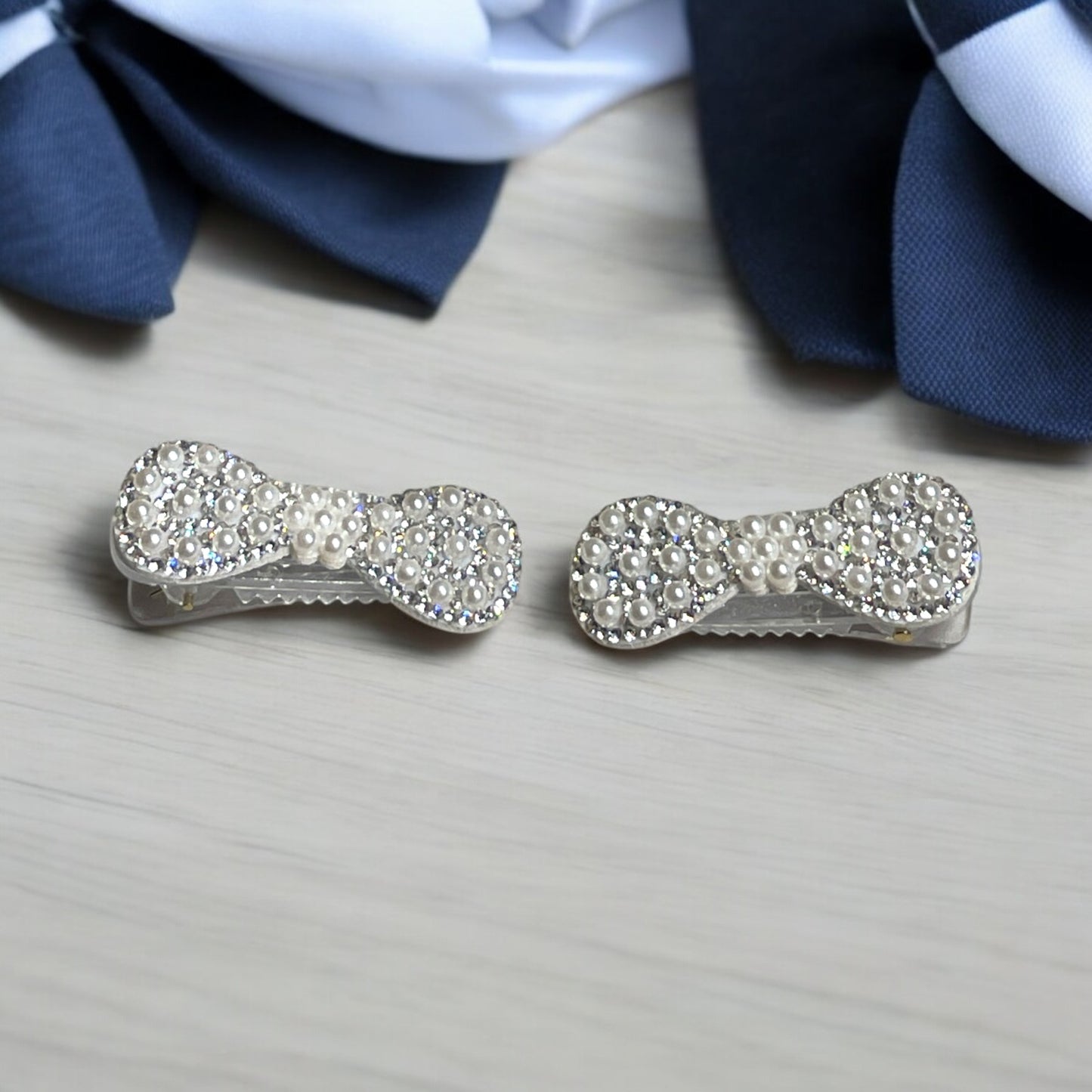 Bow Hair Clips with Pearls and Rhinestones