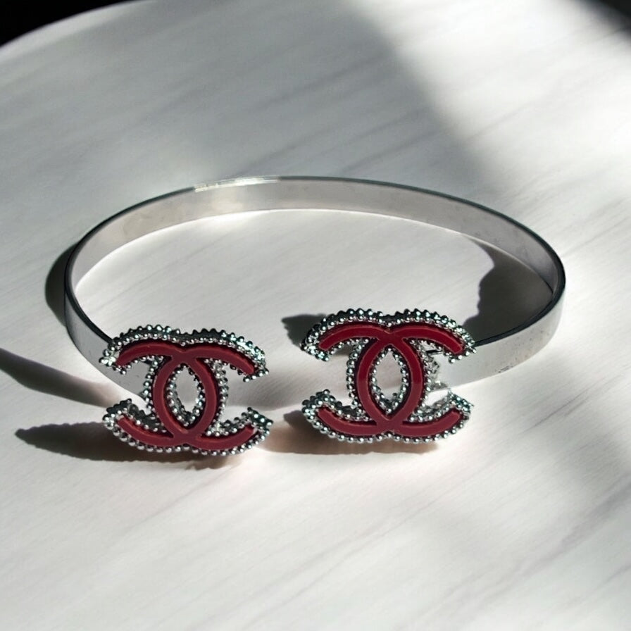 Silver and Red C C Fashion Bracelet