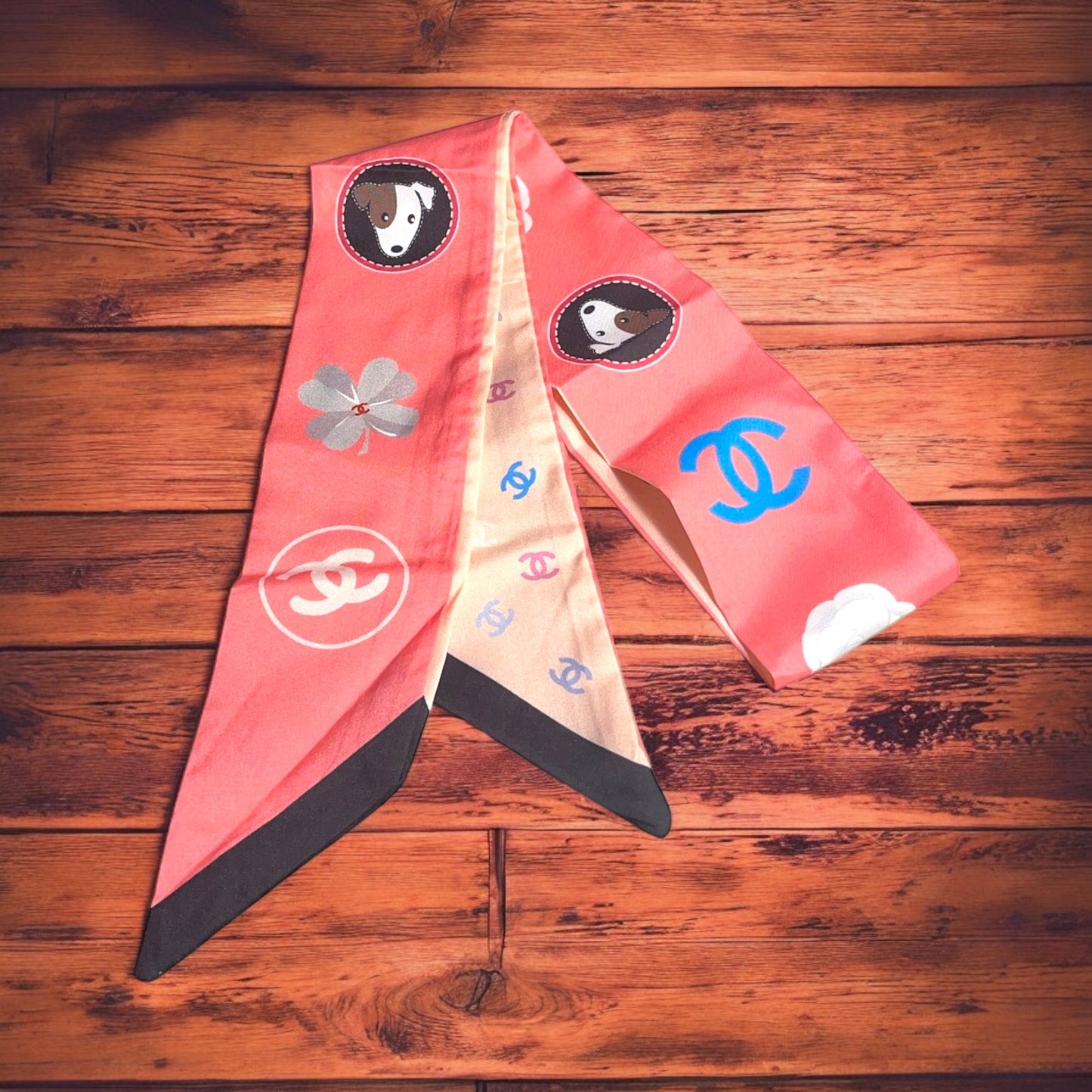 Chanel with Puppy and Sakura Flower Fashion Twilly