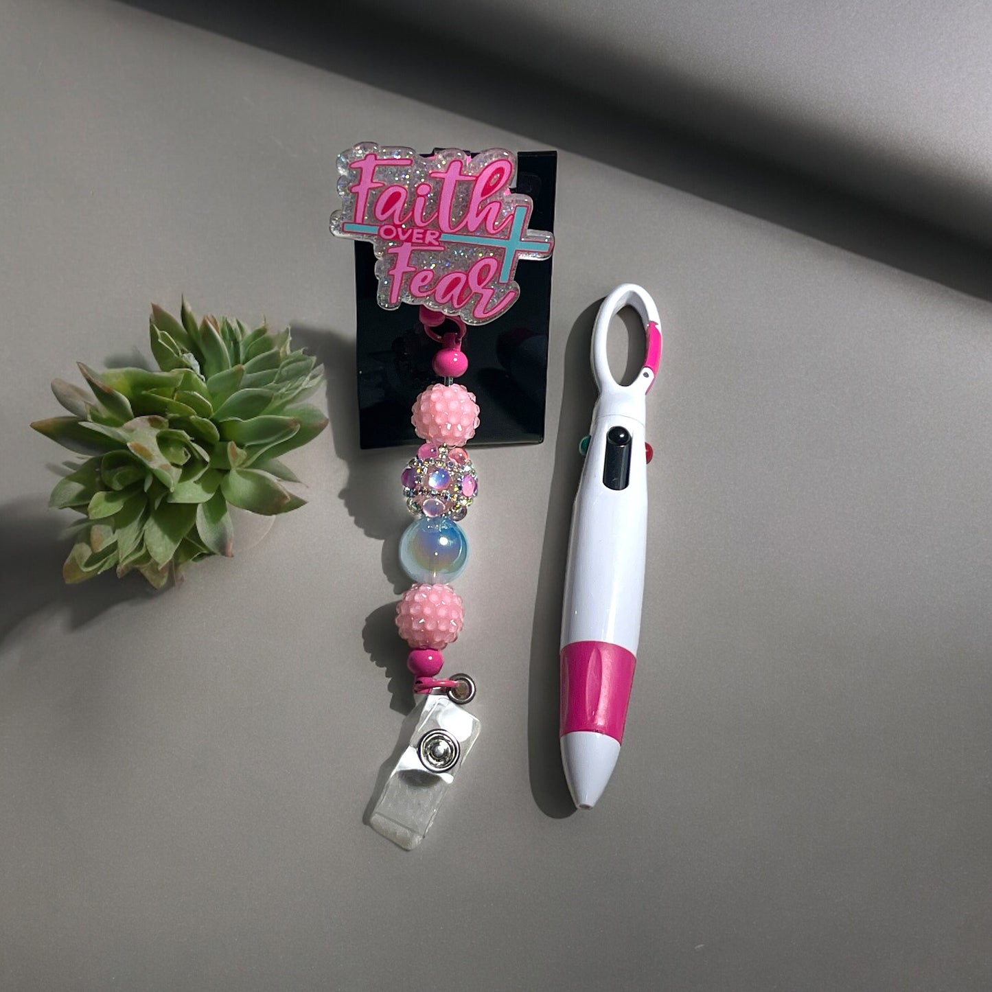 Faith Over Fear Badge Reel with Clip on Pen