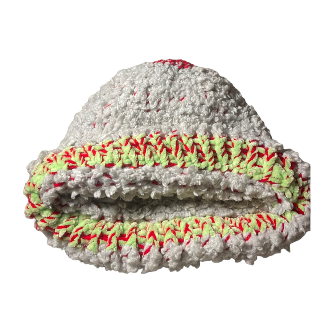 Gray and Red Handmade Knitted Hat with Green accent