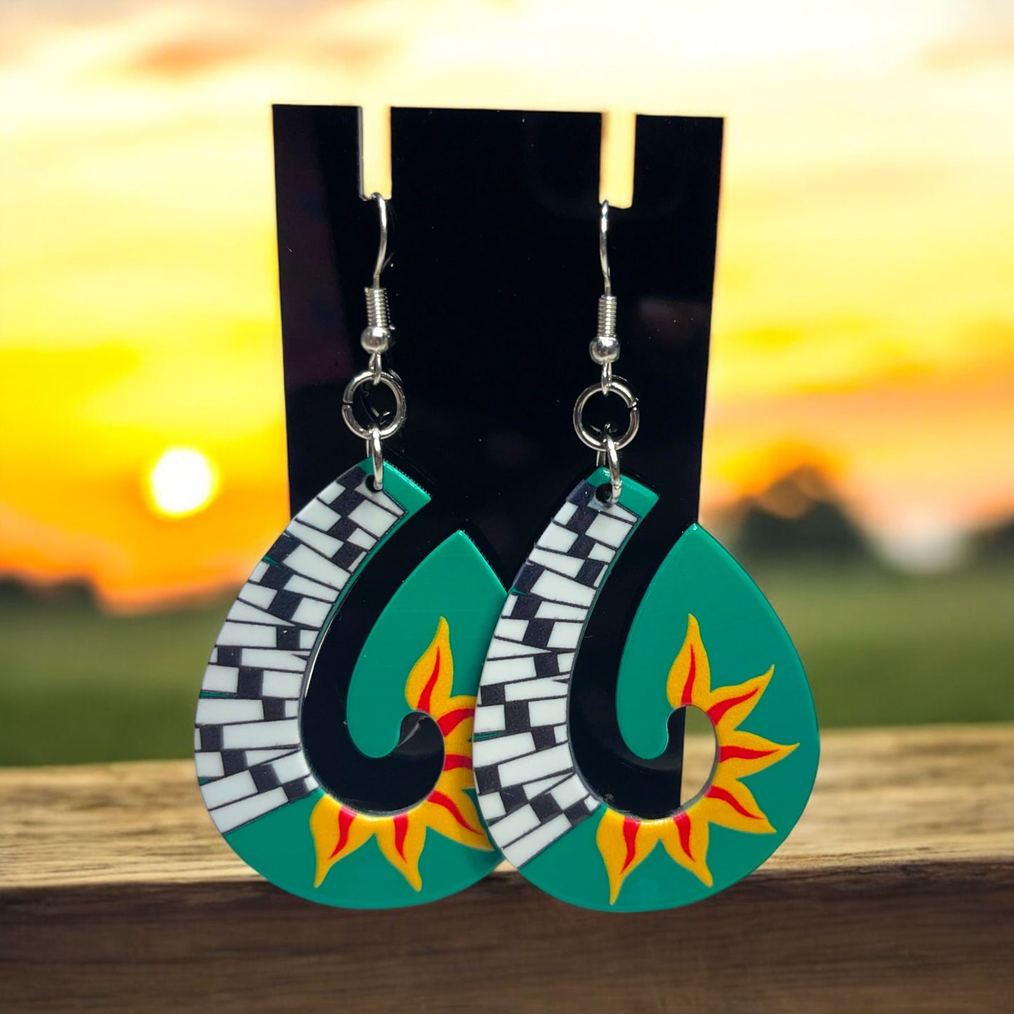 Green Sun Inspired Earrings Gold Hooks