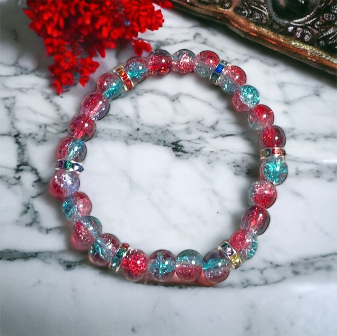 Red and Green Bracelet handmade with glass beads.