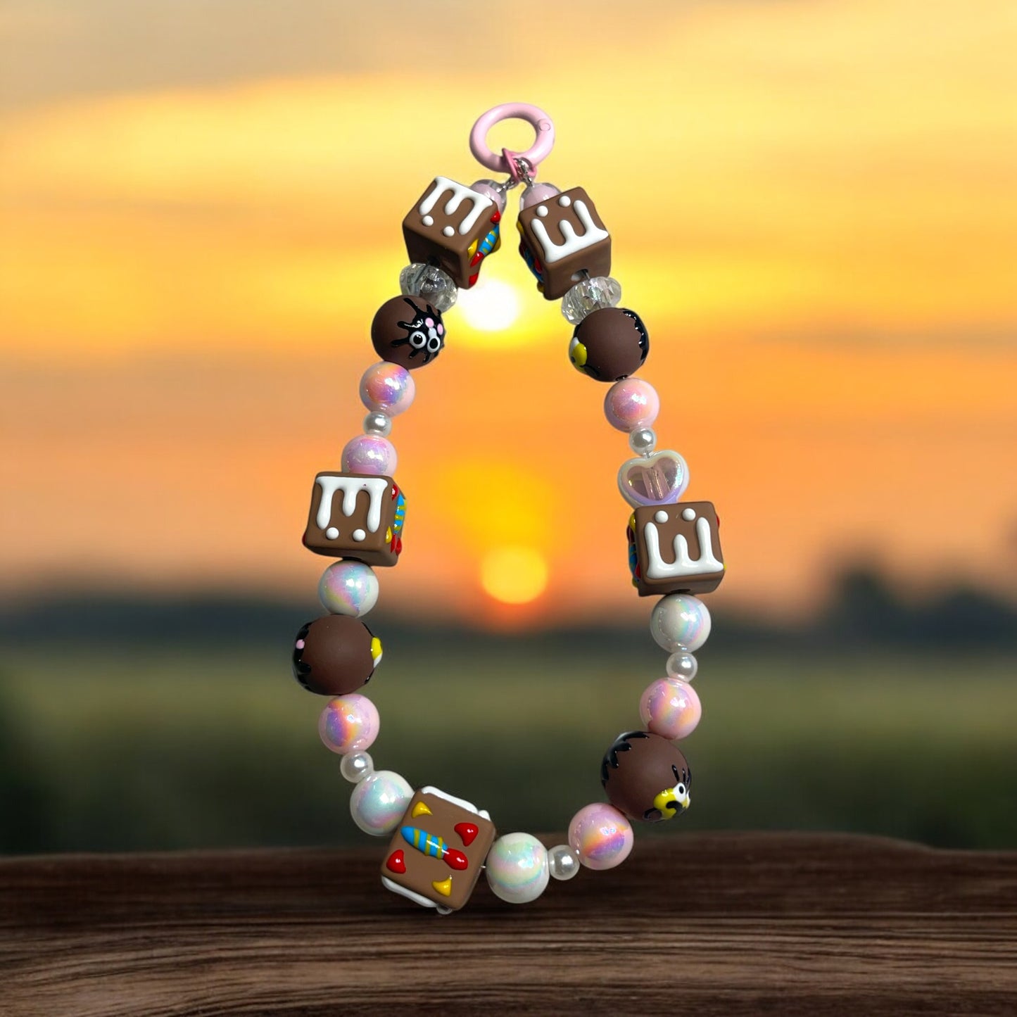 Pink and Brown Phone Charm with Hand Painted Beads