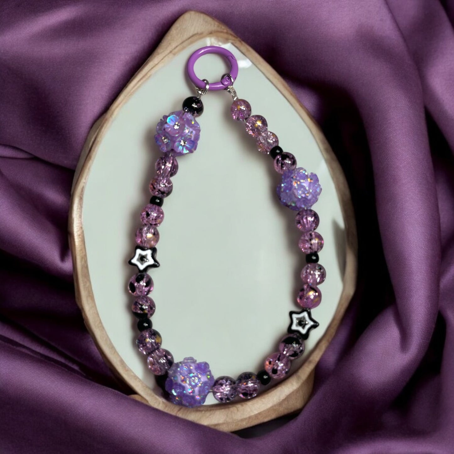 Purple Phone Chain with Flower and Star Accent Beads