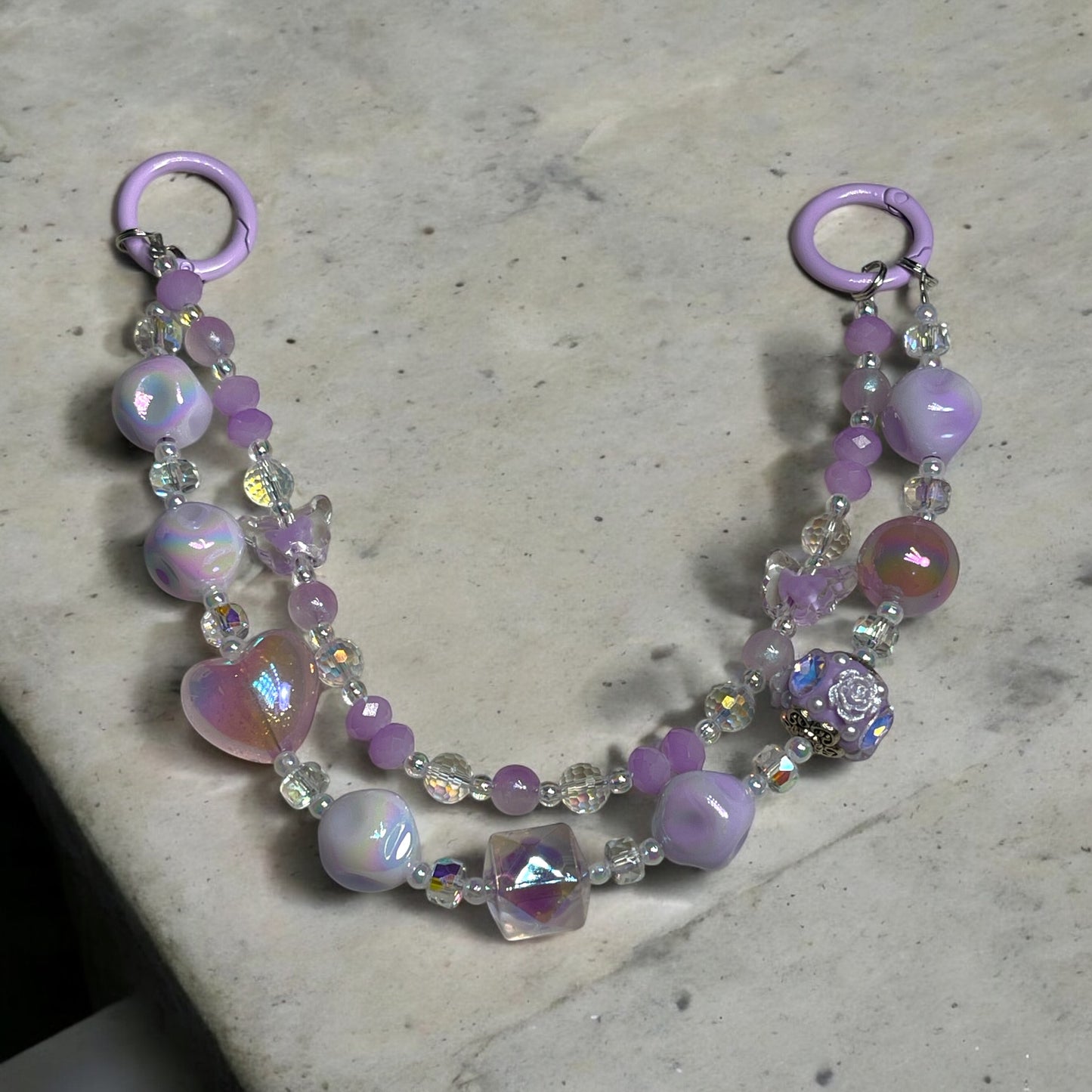 Purple Double Phone Chain with Heart and Flower Beads