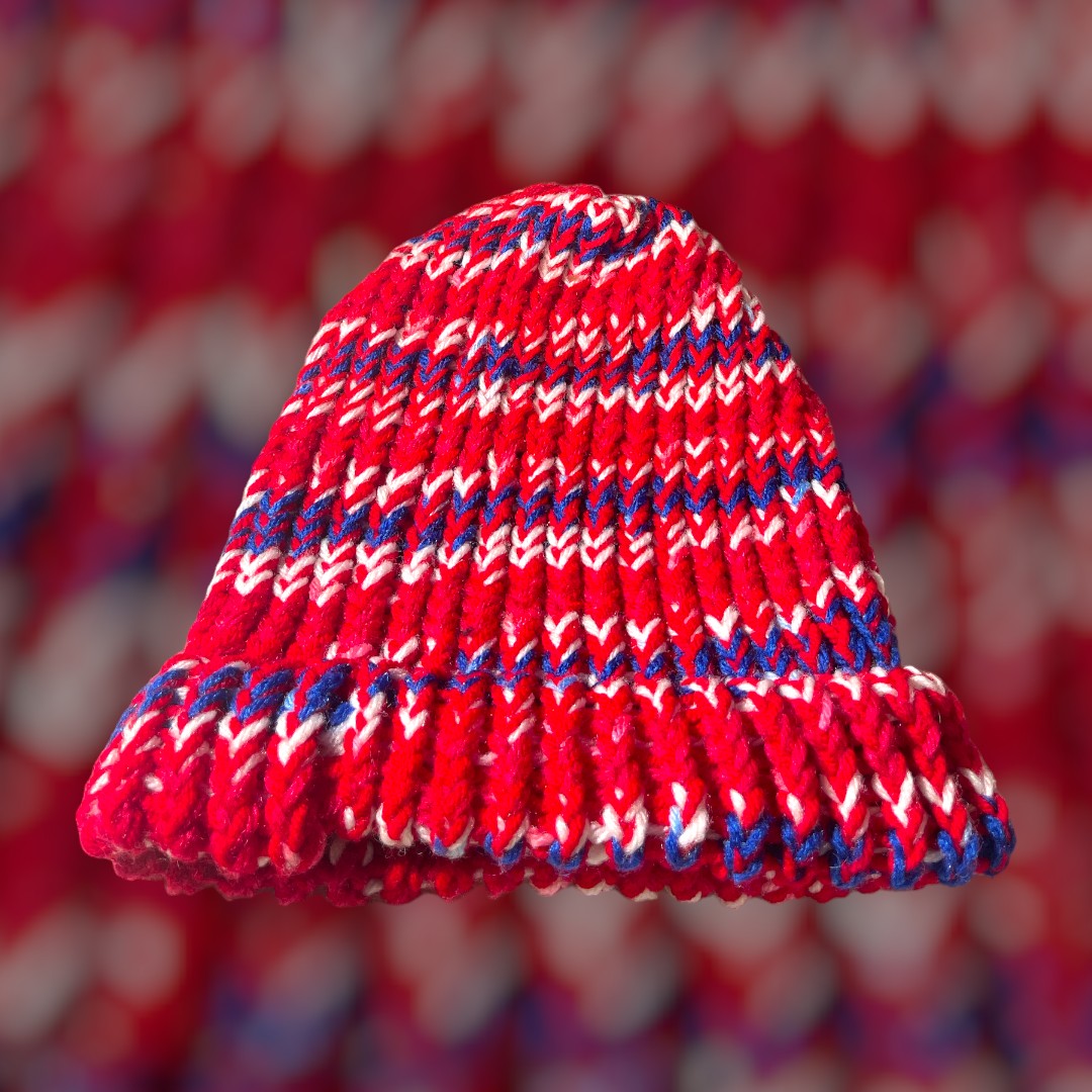 Blue, Red and White Handmade Knitted Hat