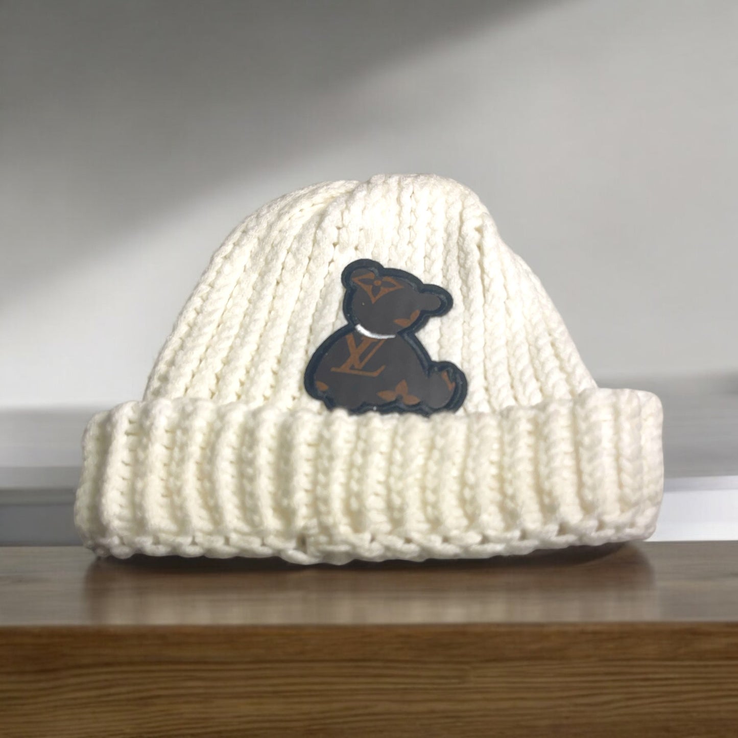 White Handmade Hat with Bear Design