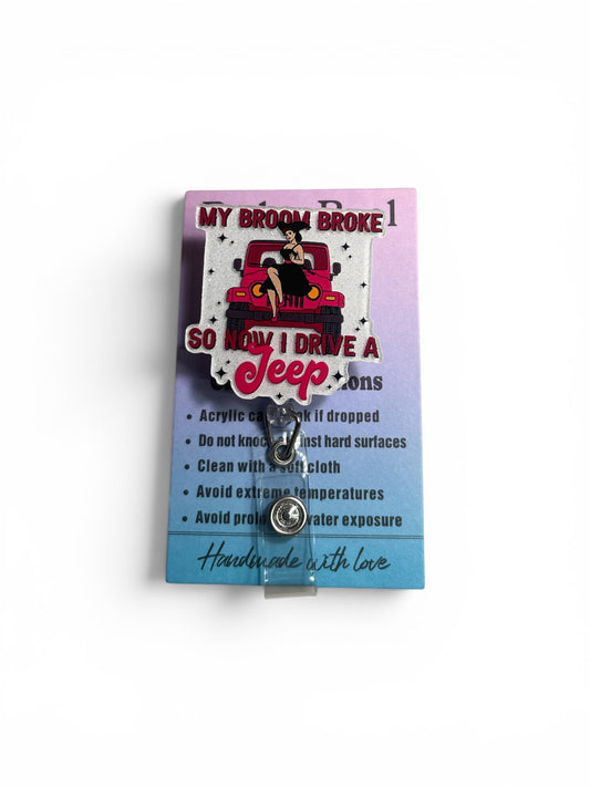 Pink Witch Broom Jeep Badge Reel