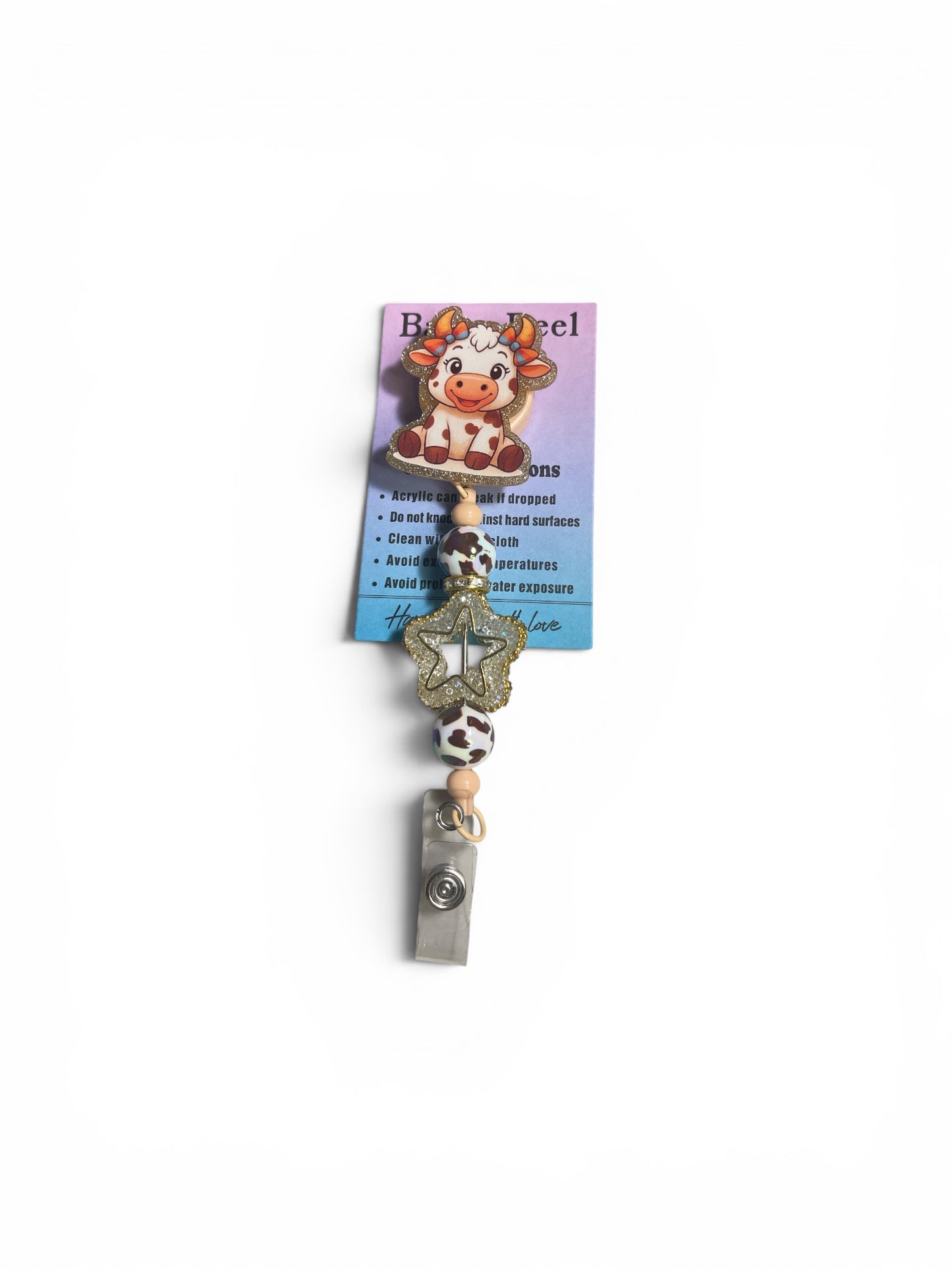 Brown Cow Badge Reel with Beads