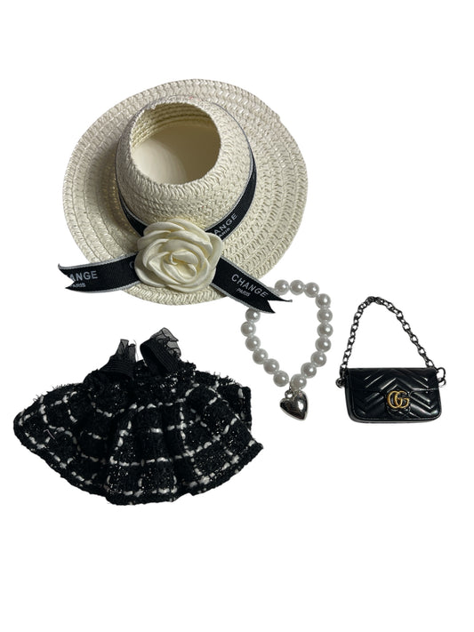 Labubu Black and White Dress with White Hat, Necklace and Luxury Pirse