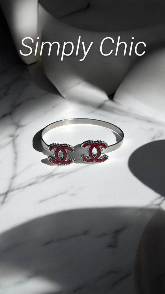 Silver and Red C C Fashion Bracelet
