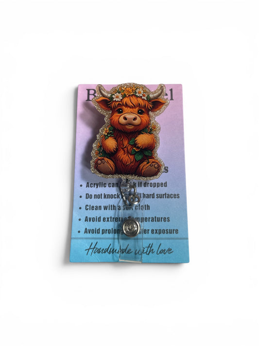 Brown Cow with Flowers Badge Reel