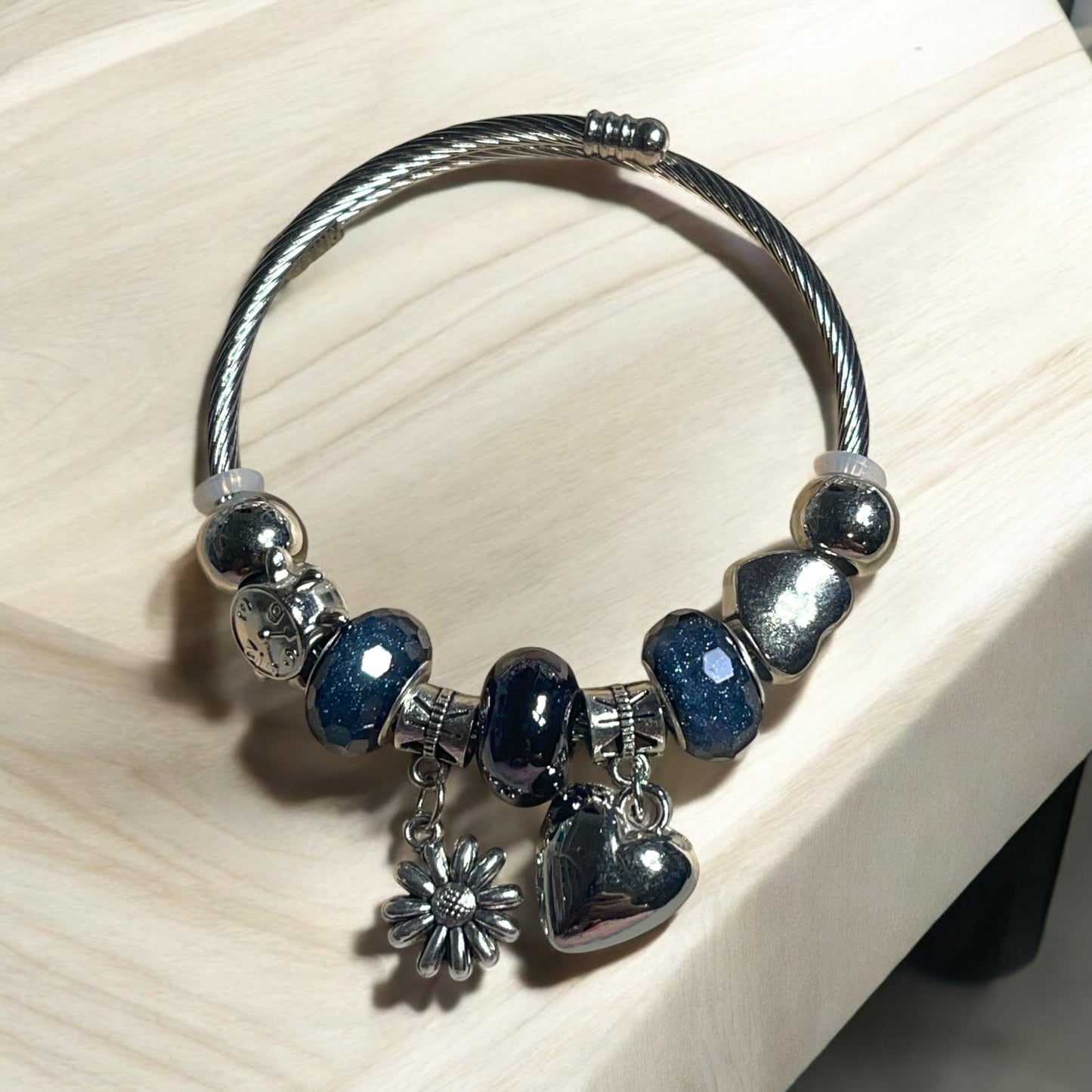 Blue Charm Bracelet with Heart and Flower