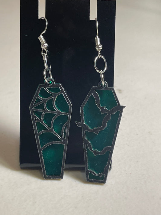 Green Coffin Earrings with Spider Web and Bat Design