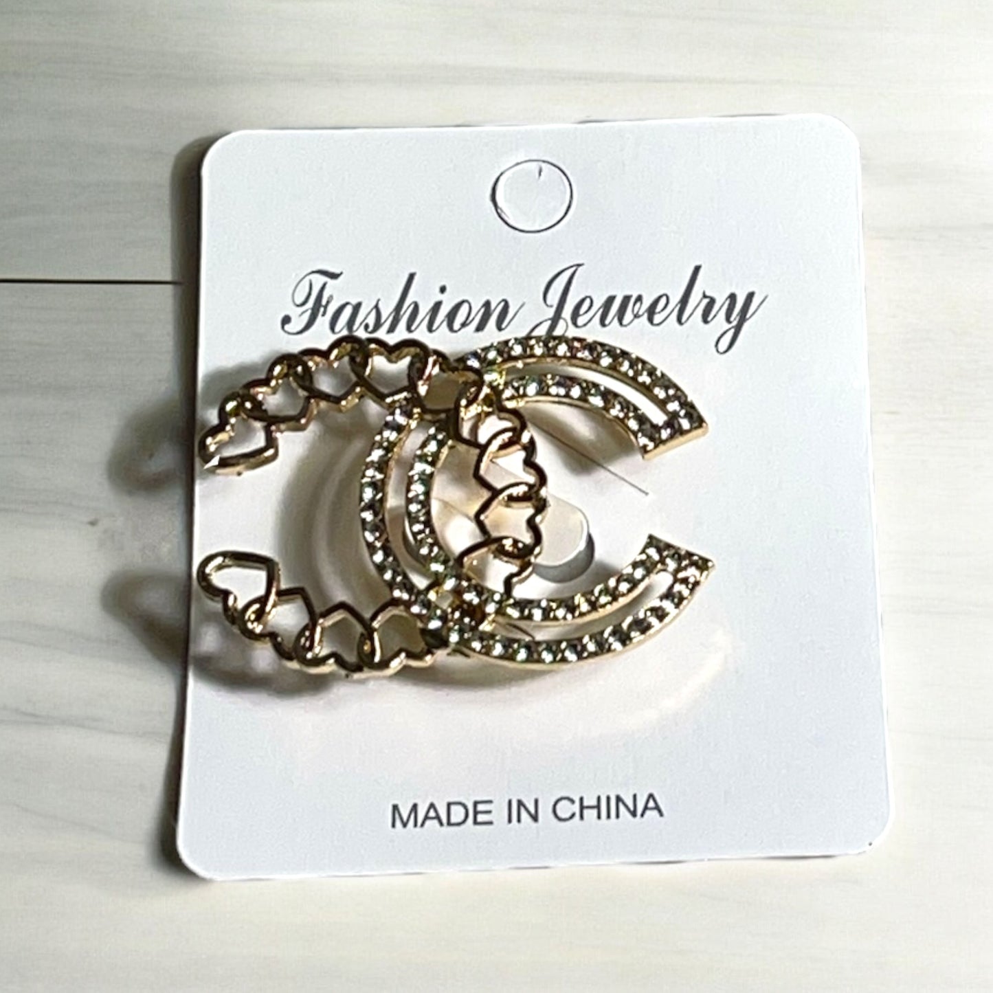 Gold CC Brooch with Hearts