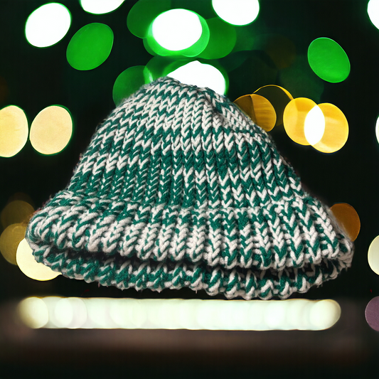 Green and White Handmade Knitted Hat