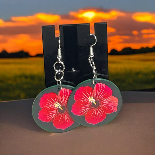 Green with Red Flower Earrings