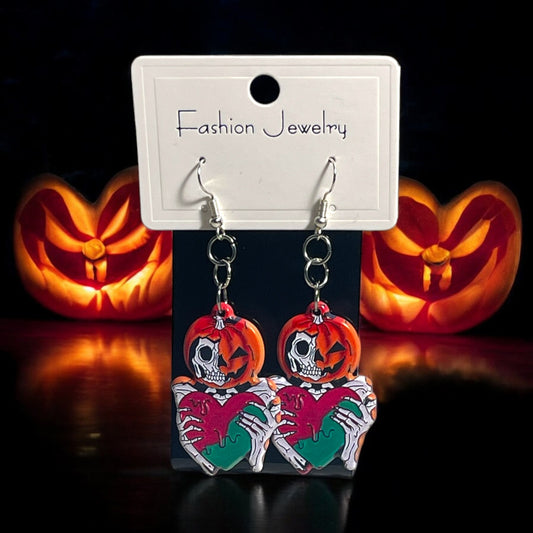 Halloween and Gothic Half Pumpkin and Skeleton Earrings