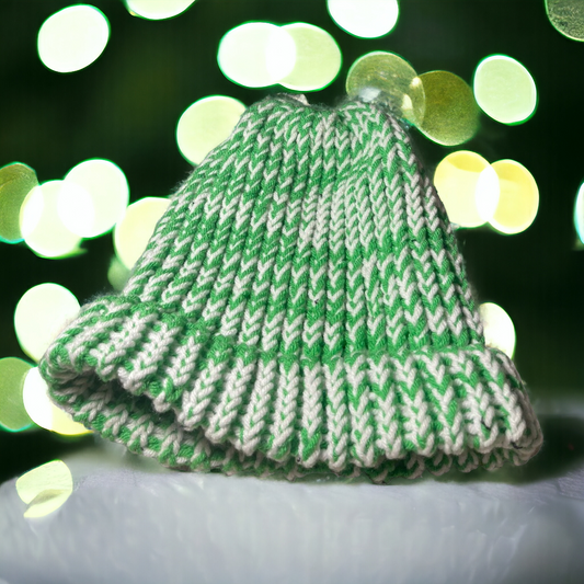 Green and White Handmade Knitted Hat