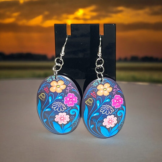 Blue Oval Flower Design Earrings