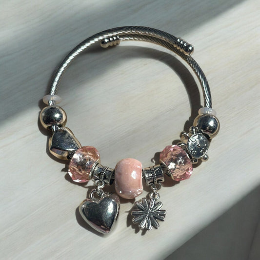 Pink Charm Bracelet with Heart and Flower