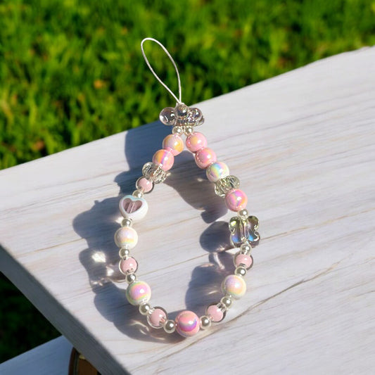 Pink and White Phone Chain with Hearts Charm