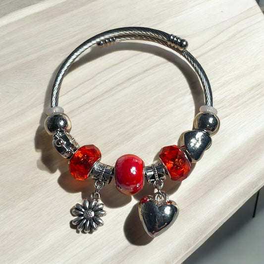 Red Charm Bracelet with Heart and Flower