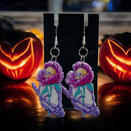 Halloween and Gothic Skeleton Hand with Skeleton Flower Earrings